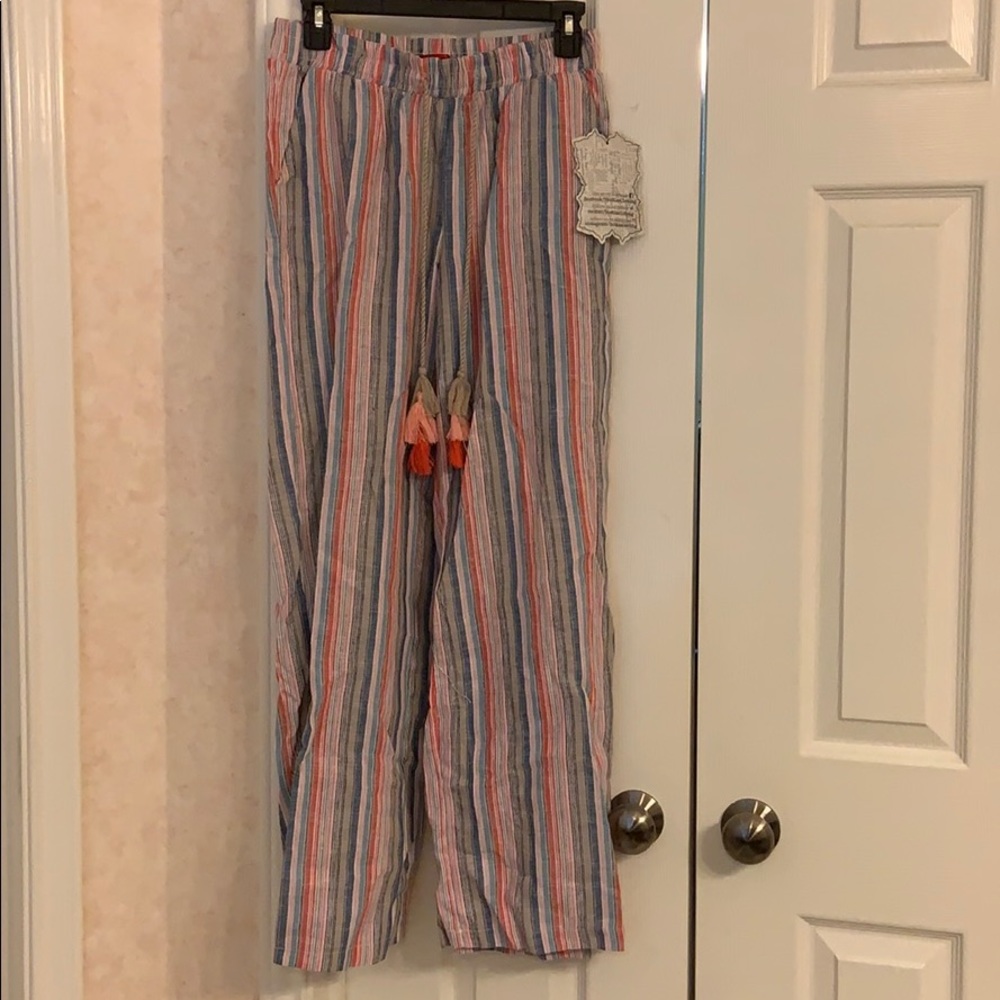 Hot Kiss Multicolor Striped Wide-Leg Pants with Tassel Tie